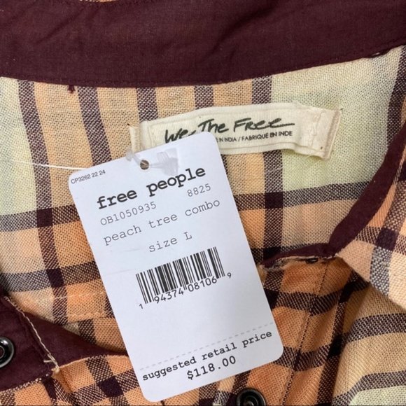Free People We The Free Pacific Dawn Plaid Shirt Size Large NWT Peach Tree Combo - Picture 7 of 9